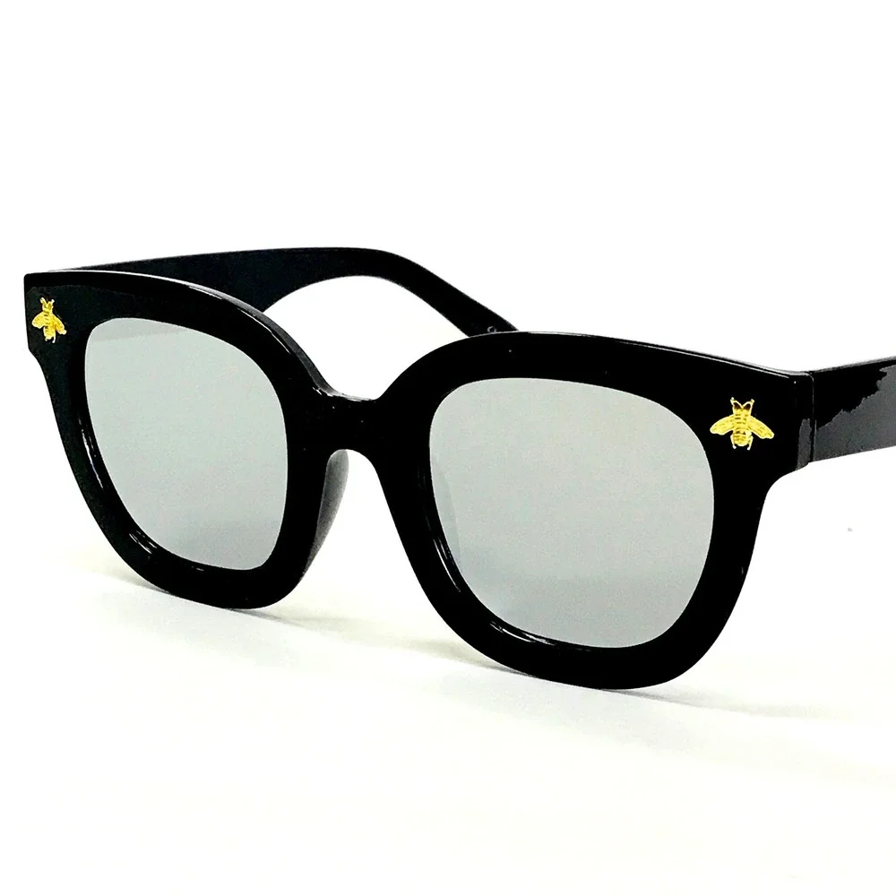 Bee Sunglasses Women's Fashion‎ Oversized Black Frame Mirror Lens Trendy Style